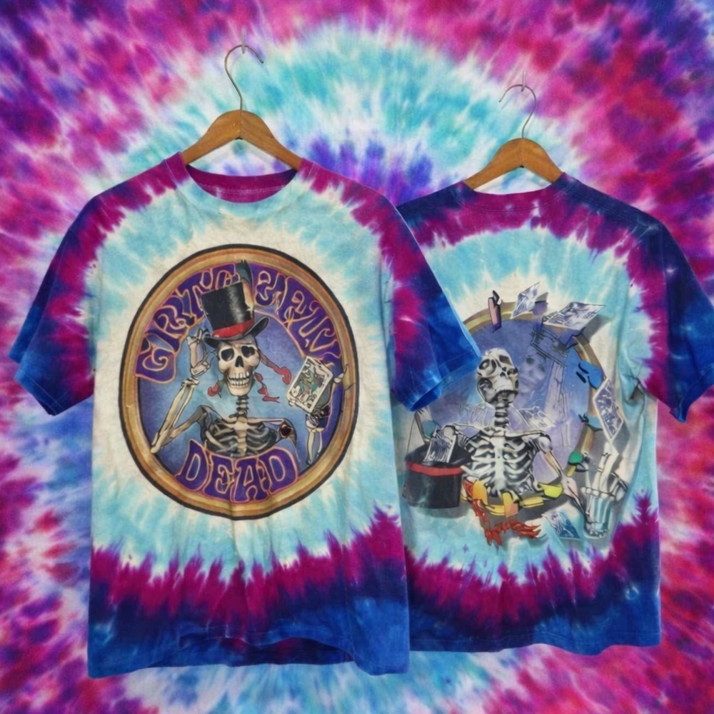 Vintage 1999 Grateful Dead Liquid Blue Tie Dye Skeleton Magician Tee S